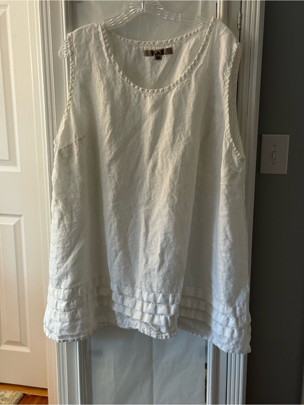 Flax White Scoop Neck Sleeveless Linen Tunic with Pleated Ruffle Hem Size 3G